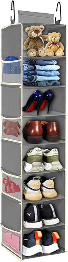 User-Friendly Large-Sized Hanging Shoe Organizer 8-Shelf Hanging Closet Organizer with 8 Side Pockets Wider Hanging Shelves for Storage Shoes Clothes 9 W × 11.8 D× 48 H GreyAbout ThisOverview Efficient