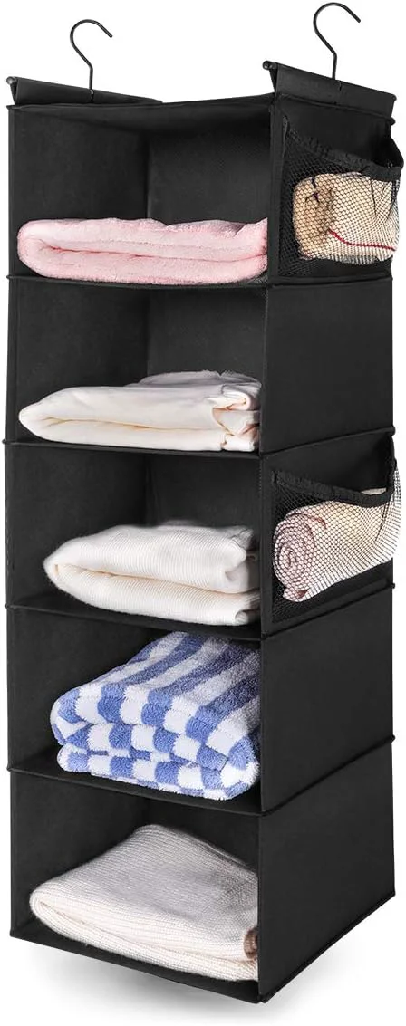 Trusted MAX Houser 5-Shelf Hanging Closet Organizer Space Saver Cloth Hanging Shelves with 4 Side Pockets Foldable BlackAbout ThisOverview Healthy