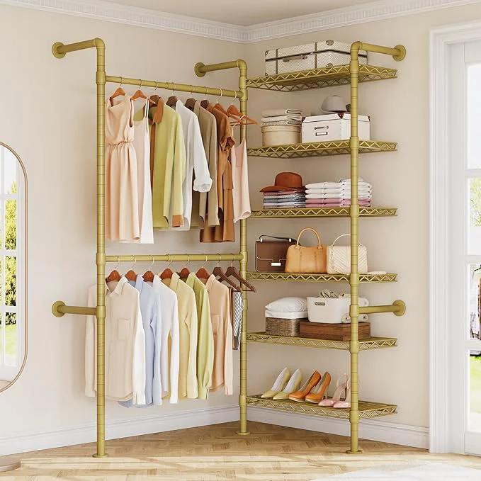 Trendy L2 Wall Mounted Closet System Industrial Pipe Clothing Rack Clothes Racks with 2 Telescopic Rod 6 Shelves Heavy Duty Closet Organizers System in Wardrobe Closet GoldAbout ThisOverview Premium Material