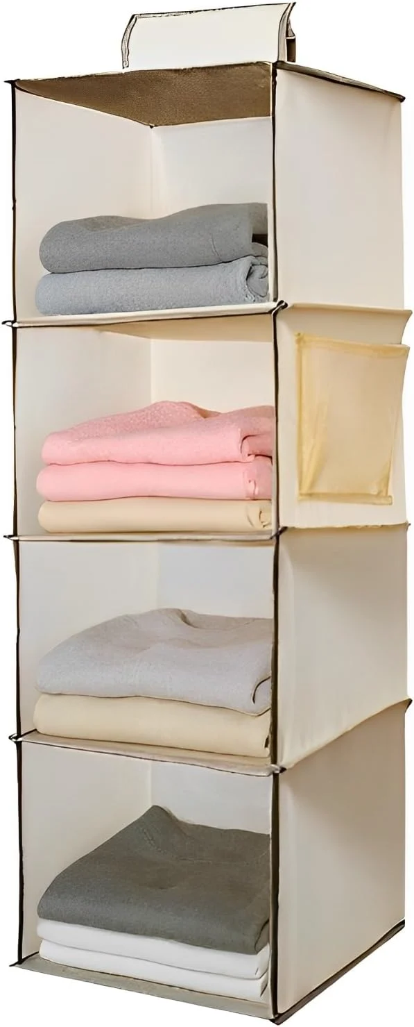 Crafted Hanging Closet Organizer 4 Tier Hanging Storage with Side Pocket Foldable Hanging Shelves for Clothes Laundry Room RV UseAbout ThisOverview Authentic
