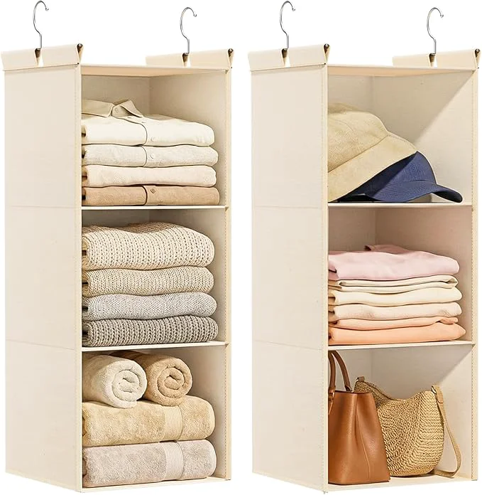 Artisan Ofiray-home Pure Cotton Dual Hanging Closet Organizer 2-Pack 3-Tier Breathable Storage Bags for Wardrobe RV Nursery Small Closets Heavy-Duty Cotton Natural BeigeAbout ThisOverview Proven