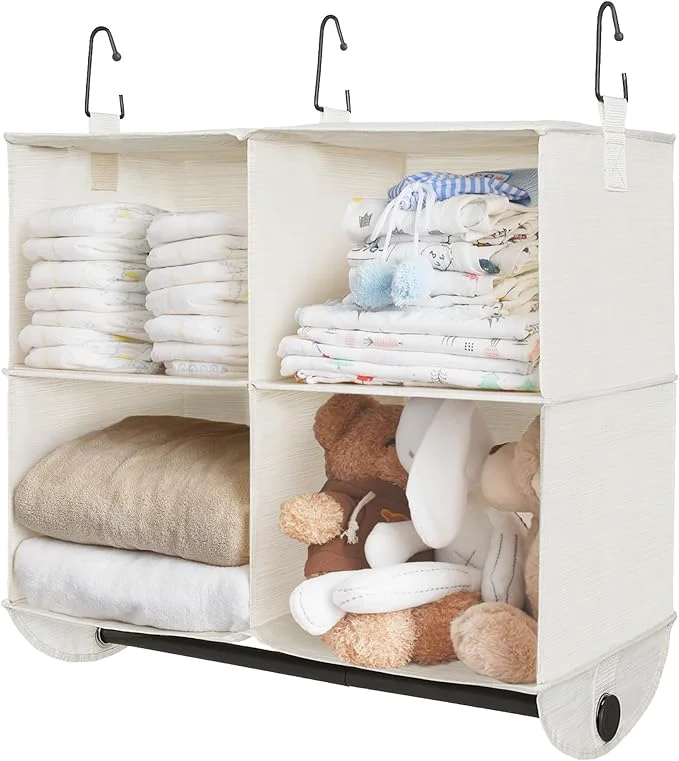 Selected StorageWorks Hanging Closet Organizer with Metal Rod 4-Section Closet Organizers and Storage Collapsible Hanging Shelves for Baby Clothes Shoes Sweater Storage Ivory and WhiteAbout ThisOverview Minimalist