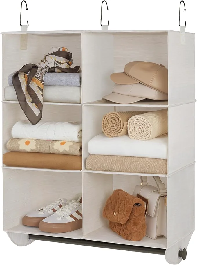 World-Class StorageWorks Hanging Closet Organizer with Metal Rod 6-Section Closet Organizers and Storage Collapsible Hanging Shelves for Baby Clothes Shoes Sweater Storage Ivory and WhiteAbout ThisOverview Outstanding