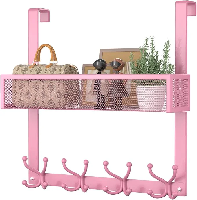 Classic Consumest Over The Door Hooks Organizer - Over Door Hanger with 16 Hooks 2 Baskets for Hanging Coat Clothing Towel Back Storage for Bathroom Closet College Dorm PinkAbout ThisOverview Exclusive