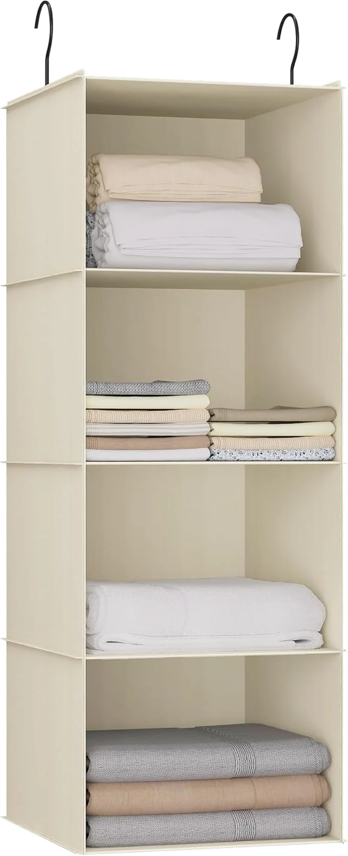 Clean Hanging Closet Organizer Easy Mount Foldable 4-Shelf Hanging Closet Wardrobe Storage Shelves Clothes Handbag Shoes Accessories Storage Washable Oxford Cloth Fabric BeigeAbout ThisOverview Secure