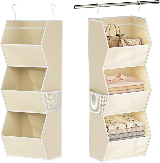 Trendy Hanging Closet Organizer 3 Shelf Collapsible Fabric Closet Organizers and Storage Hanging with Mesh Pocket for Clothes Hanging Wardrobe Organizers and Storage for Sweater T-Shirt Shoes Toys BeigeAbout ThisOverview Outstanding