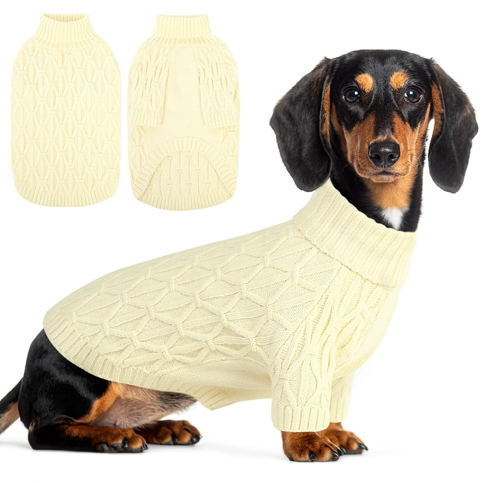 Stylish Queenmore Knitted XS Dog Sweater - Turtleneck Pullover for Small Dogs Beige XS Soft Warm Pet Sweaters Next-Generation