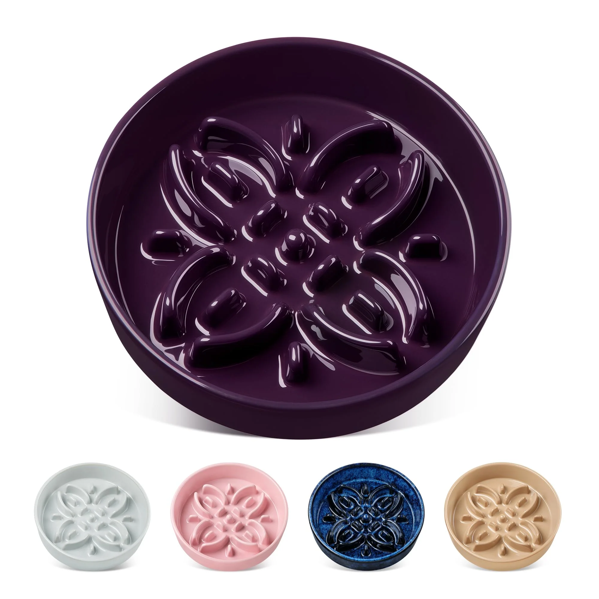 Traditional vancasso Ceramic Slow Feeder Dog Bowl with Floral Maze – 0.6 Cup Anti-Slip for Small Breeds Purple High-Grade