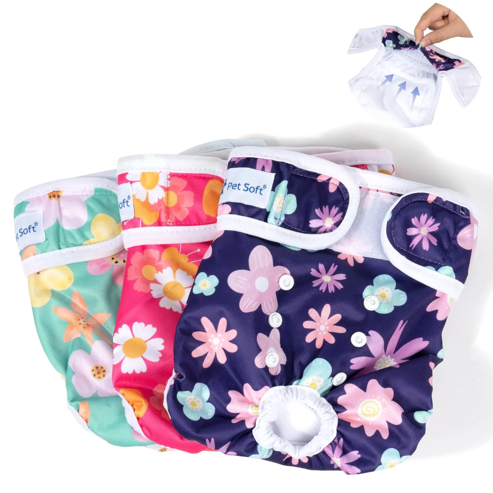 Authentic Pet Soft Washable Female Diapers 3 Pack – Reusable Leak-Proof Doggy Diapers for Girl Dogs in Heat Bloom M Versatile