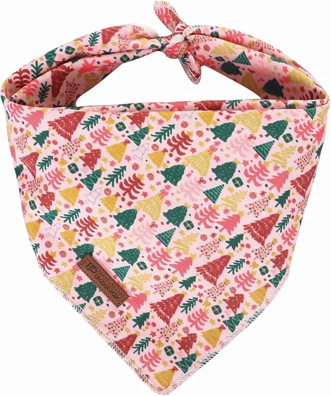 Eco-Friendly Christmas Dog Bandana–Pink Christmas Tree Triangle Scarf Elegant
