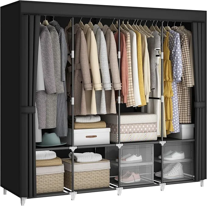 Superior Portable Closet Wardrobe 67-Inch Clothes Organizer with 4 Hanging Rods and 8 Shelves Non-Woven Fabric Cover Large Capacity Storage for Bedroom and Living Room BlackAbout ThisOverview First-Class