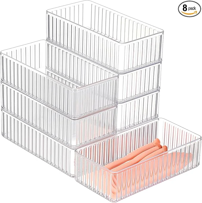 Clean 8 Pcs Clear Drawer Organizers Bins Stackable Makeup and Vanity Organizer Trays Clear Plastic Drawer Organizers Set for Office Desk Dividers 6.3 x 3.15 x 1.8 Inches About ThisOverview Environmentally Friendly