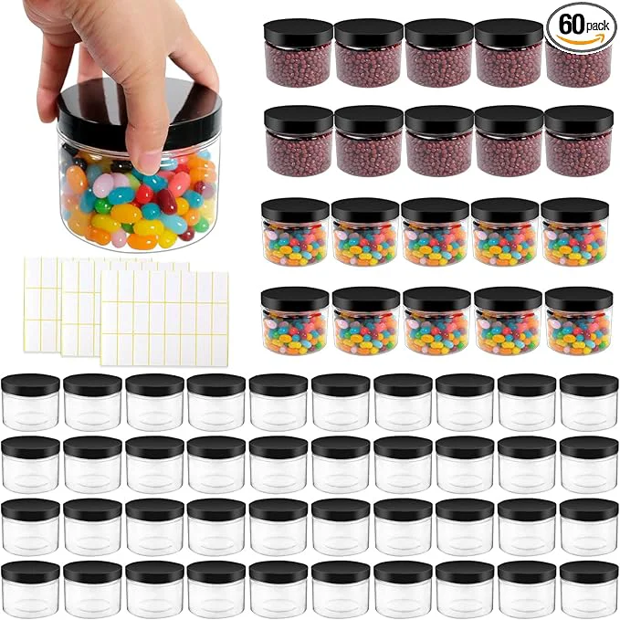 Prestigious 60 Pcs 10 oz Clear Plastic Jars Containers Cylinder Round Containers Airtight Screw Wide Mouth Storage Jars with Lids for Food Kitchen Honey Butter Cosmetics Black About ThisOverview Functional