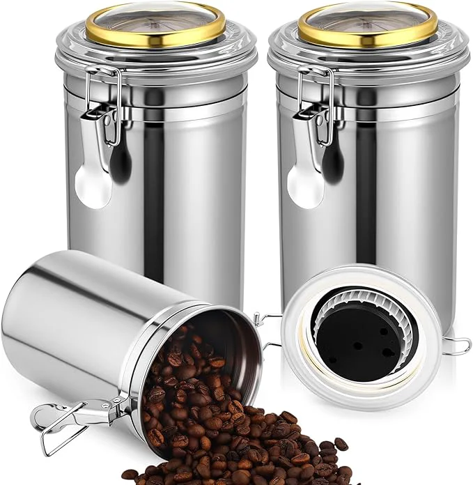 Green 3 Pcs 34 oz Stainless Steel Container with Hygrometer Humidifier Kitchen Food Storage Jar with Sealed Lid Airtight Coffee Canister for Coffee Bean Tea Candy Snacks Ce Storage Stylish