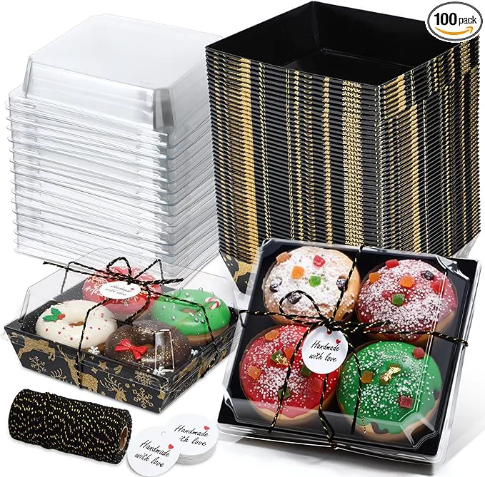 Expertly Made Outus 100 Pack Charcuterie Boxes with Clear Lids 5.7 x 5.1 '' Mother 's Day Back to School Paper Food Containers Cake Take out Bakery Boxes with Gift Tags Rope for Desserts Black Gold Christmas About ThisOverview Environmentally Friendly