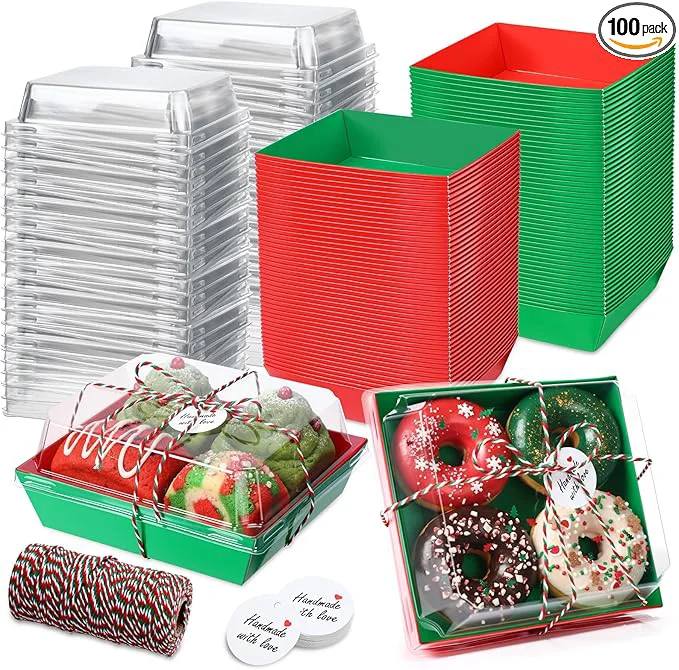 Convenient Outus 100 Pack Charcuterie Boxes with Clear Lids 5.7 x 5.1 '' Mother 's Day Back to School Paper Food Containers Cake Take out Bakery Boxes with Gift Tags Rope for Desserts Green Red Christmas About ThisOverview Innovative