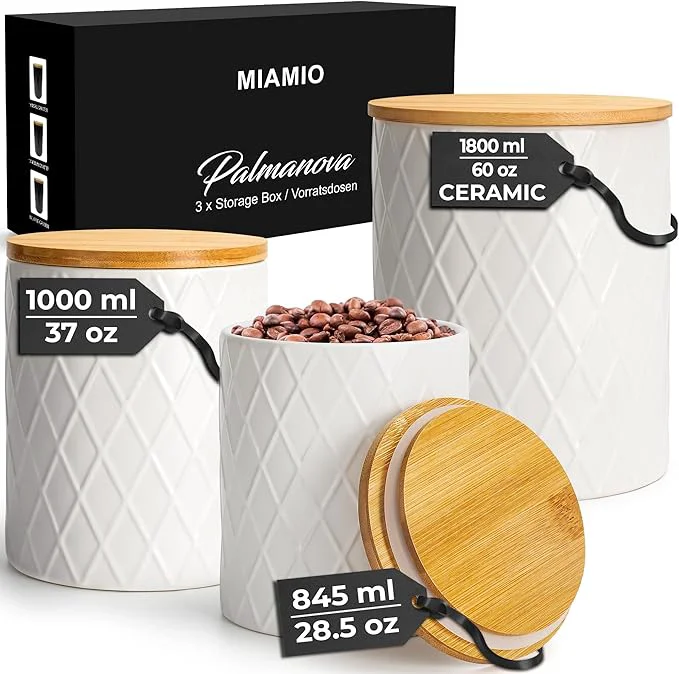 Effective MIAMIO – Set of 3 Canister Sets for Kitchen Counter Ceramic Kitchen Canister Set with Airtight Seal Wooden Lid - for Coffee Tea Sugar Flour Tea Salt and MoreAbout ThisOverview Efficient