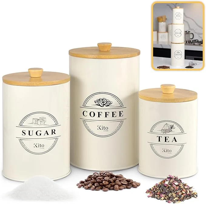 Certified Canisters Sets for Kitchen Counter Storage and Organization with Wooden Bamboo Lids Food Pantry Containers Stackable Steel Storage Bins Airtight Sugar Tea Coffee Canisters - CreamAbout ThisOverview Effective
