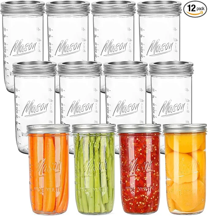 Detailed 24 oz Wide Mouth Mason Jars - Canning Jars with Metal Airtight Lids and Bands 24 ounce Mason Glass Jars for Fermenting Pickling Meal Prep Overnight Oats Jam Jelly DIY Projects 12 pack About ThisOverview World-Class