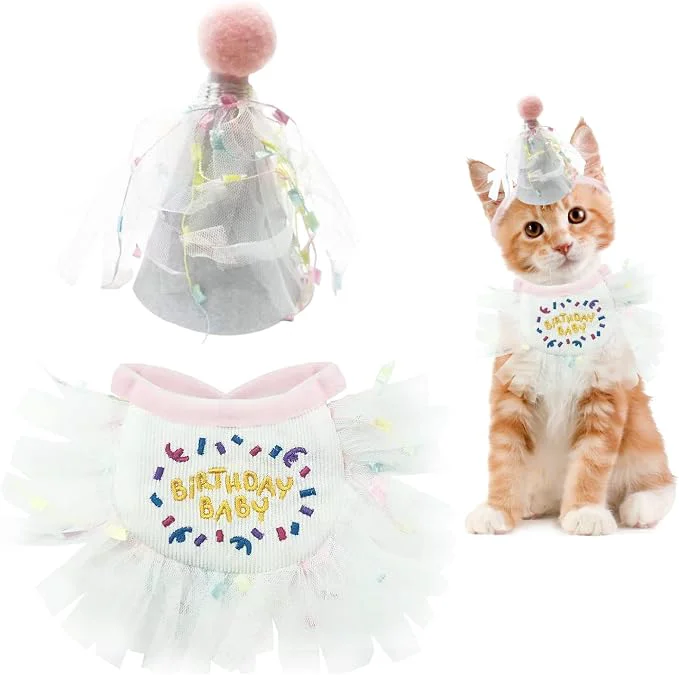 Natural 2 PCS Cat Doggy Party Hat Bib Set Specialty