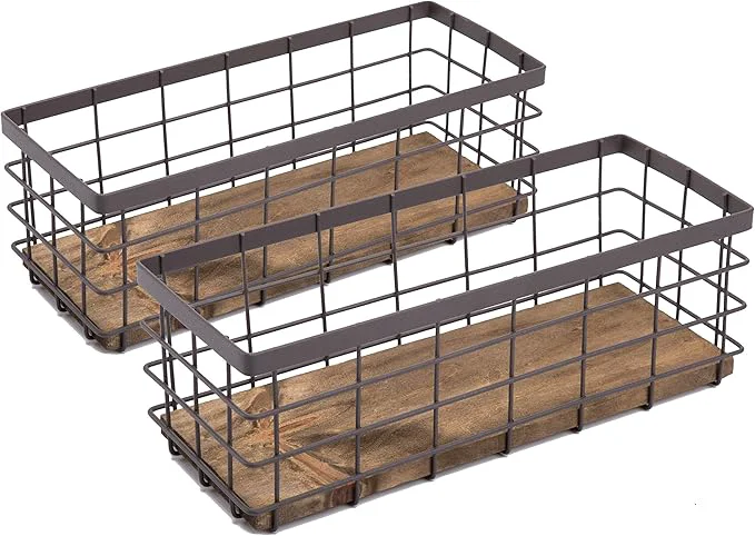 Detailed TIEYIPIN Small Metal Wire Storage Basket Detachable Wood Base Storage Organizer Bin Basket for Kitchen Cabinets Bathroom Pantry Garage Laundry Room - Brown 2 Pack About ThisOverview Lightweight