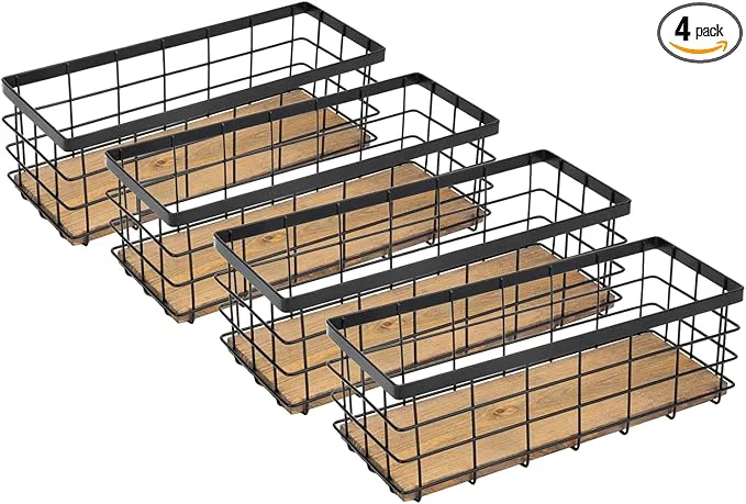 Authentic TIEYIPIN Farmhouse Small Metal Wire Storage Basket Bin Rustic Home Storage Organizer with Wooden Bottom for Kitchen Cabinets Bathroom Counter Pantry Garage Laundry Room - Black 4 Pack About ThisOverview Long-Lasting