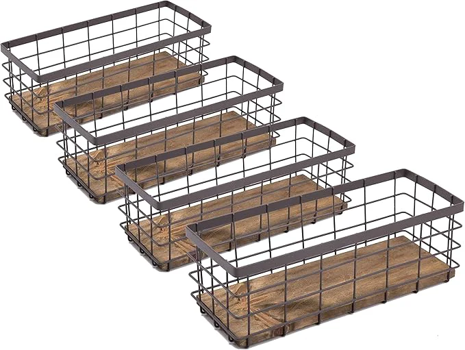 Soft TIEYIPIN Small Metal Wire Storage Basket Detachable Wood Base Storage Organizer Bin Basket for Kitchen Cabinets Bathroom Pantry Garage Laundry Room - Brown 4 Pack About ThisOverview Efficient