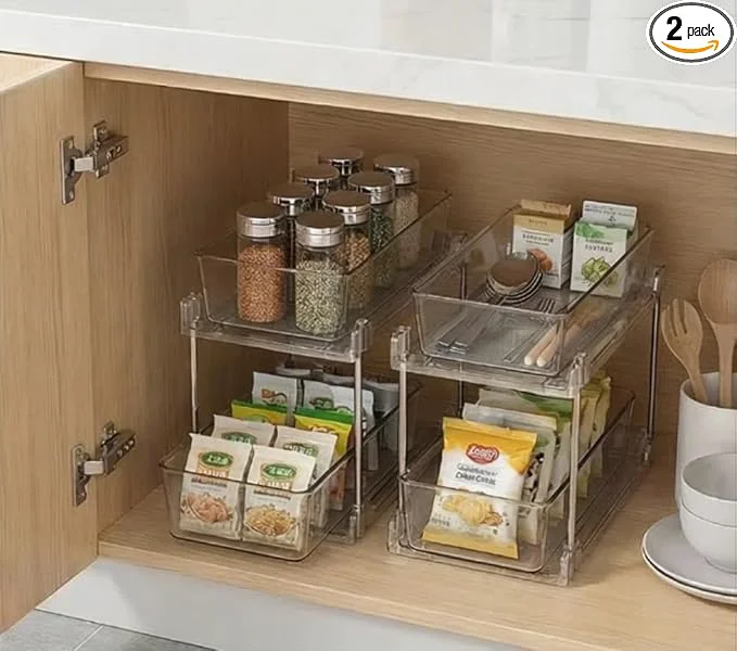 Sophisticated 2 Pack Bathroom Organizer 2 Tier Clear Under Sink Organizers Vanity Countertop Storage Container Cabinet Drawers Bins Pull-Out Organization with Track for Pantry KitchenAbout ThisOverview Traditional