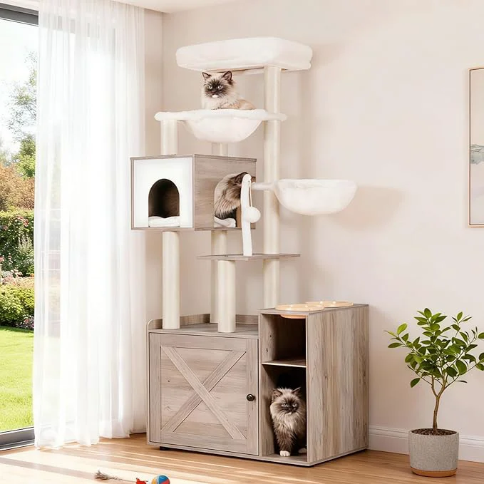 Certified Hey-brother Cat Tree with Litter Box Enclosure Modern Cat Tower Professional