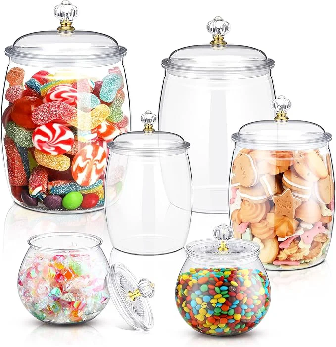 Lightweight Nuogo 6 Pcs Plastic Candy and Cookie Jar with Lids Decorative Apothecary Jars Candy Buffet Containers Clear Airtight Food Storage Canister Home Decoration 30 42 64 80 90 oz Classic Stylish About ThisOverview Smooth