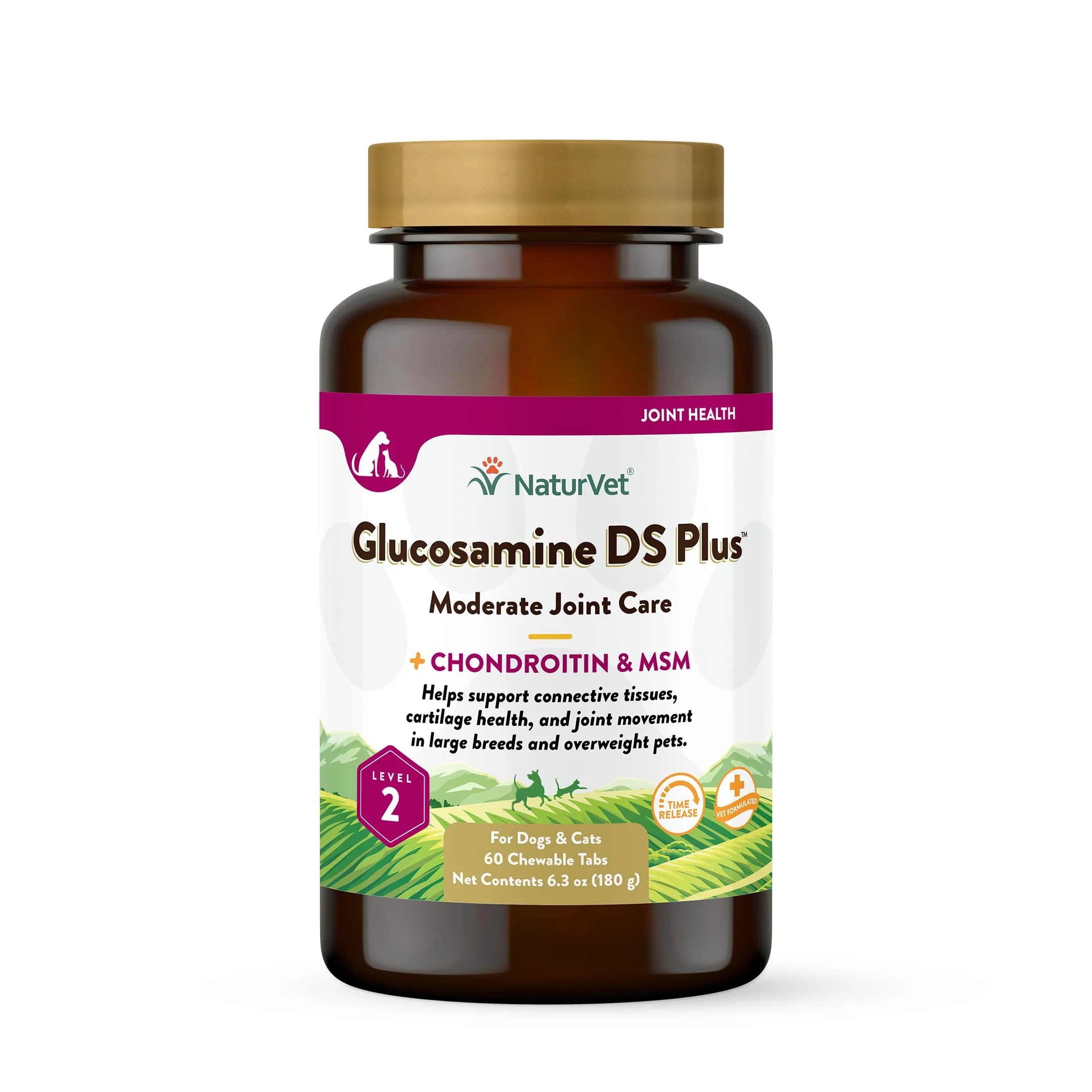 Crafted NaturVet Glucosamine DS Plus Level 2 Time-Release Joint Support for Dogs Cats – 60 Chewable Tablets Made in USA High-Performance