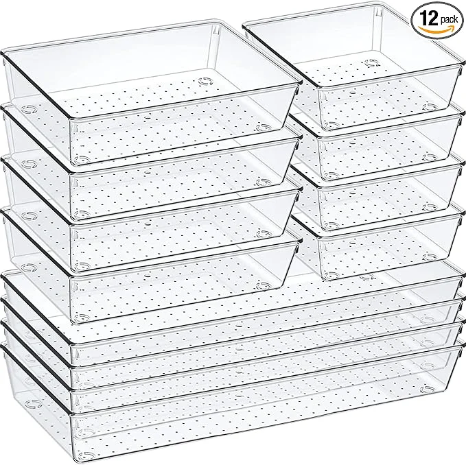 Sophisticated 12 Pack Clear Plastic Drawer Organizer Set Acrylic Non Slip Non Cracking Kitchen Drawer Storage Tray Large Size Divider Multifunctional Storage for Cosmetics Bathroom Tools Kitchen and OfficeAbout ThisOverview Soft