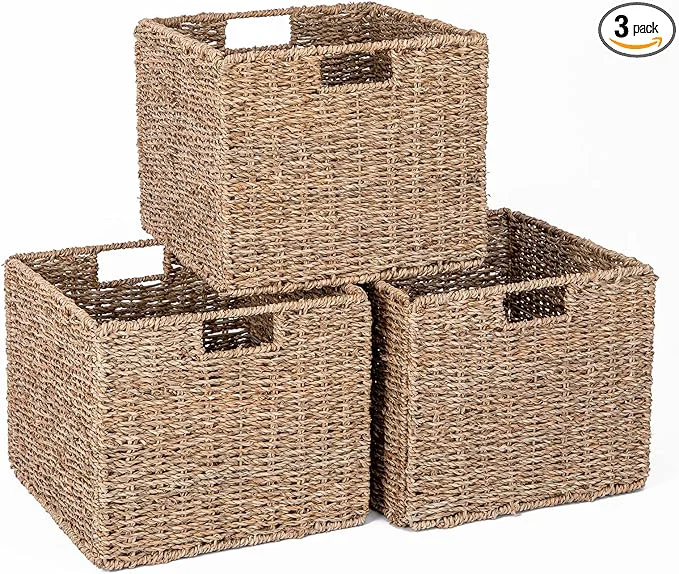 Clean Seagrass Storage Baskets 12X12X10in Cube Wicker Storage Basket for Shelves Pantry Baskets Organization and Storage Kitchen Storage Baskets Bathroom Shelves Storage Basket Set of 3About ThisOverview Green