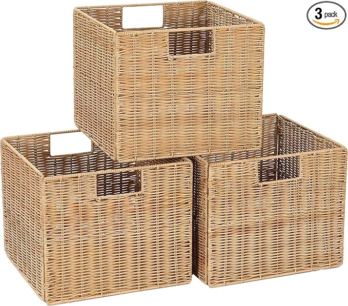 Fine 12X12X10in Plastic Wicker Storage Basket Collapsible Wicker Cube Storage for Shelves Woven Plastic Storage Basket for Pantry Bedroom Living Room Bathroom Shelves-3 PackAbout ThisOverview Verified