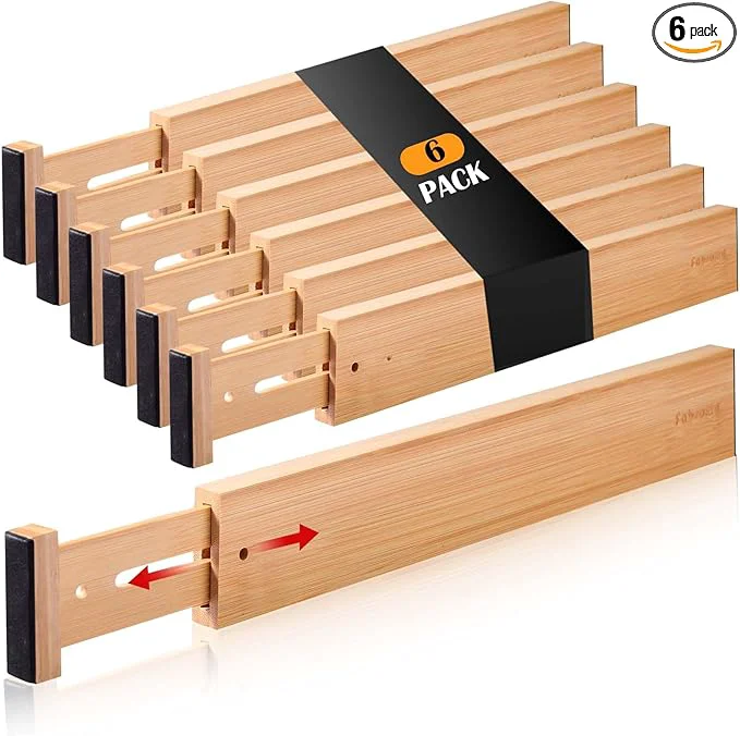 Casual Fabsome Drawer Divider 6 Pack Bamboo Kitchen Dividers Organizers Adjustable 17''-22'' Wooden Dresser Separators for Nursery Organization Clothes Socks Underwear Baby Clothing with Soft Foam EndsAbout ThisOverview Versatile