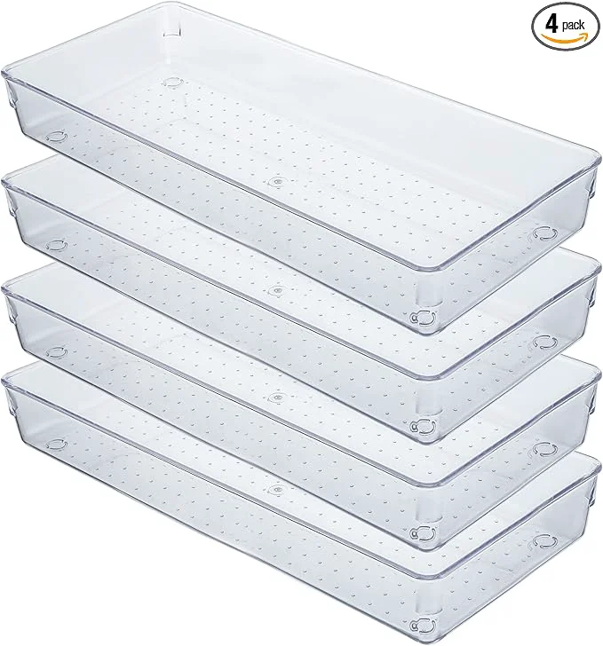 Unique Kingrol 4 Pack Clear Drawer Organizer Trays 15 x 6 x 2 Inch Desk Drawer Divider Storage Bins Storage Box Set for Utensils Junks Vanities Makeups Jewelry Office Craft SuppliesAbout ThisOverview Proven