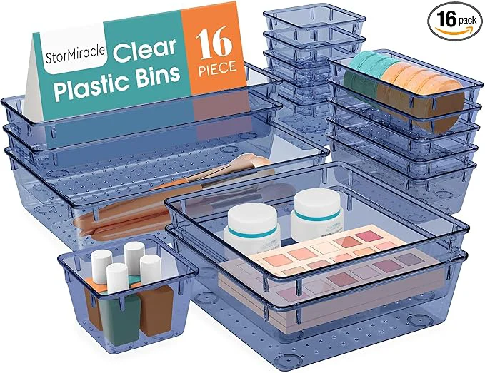 Trendy 16 PCS Drawer Organizer Set 5 Varied Size Bathroom and kitchen Drawer cabinet organizer Trays Clear Storage Bins for Makeup Jewelry Utensils and Gadgets Dark BlueAbout ThisOverview User-Friendly