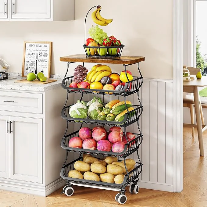 User-Friendly SAYZH Fruit Basket Kitchen Pantry Organizers and Storage - Wooden Top Table Stackable Metal Wire Basket Stand Cart for Fruit Vegetable Snacks Onion Potato Organization BlackAbout ThisOverview Relaxed