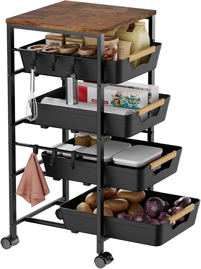 Consistent 5-Tier Kitchen Storage Cart Wood Top Rolling Cart Organizer with Pull-Out Baskets Wheels Metal Snack Cart with Holder for Fruit Vegetable Microwave Kitchen Pantry BlackAbout ThisOverview Easy-to-Use