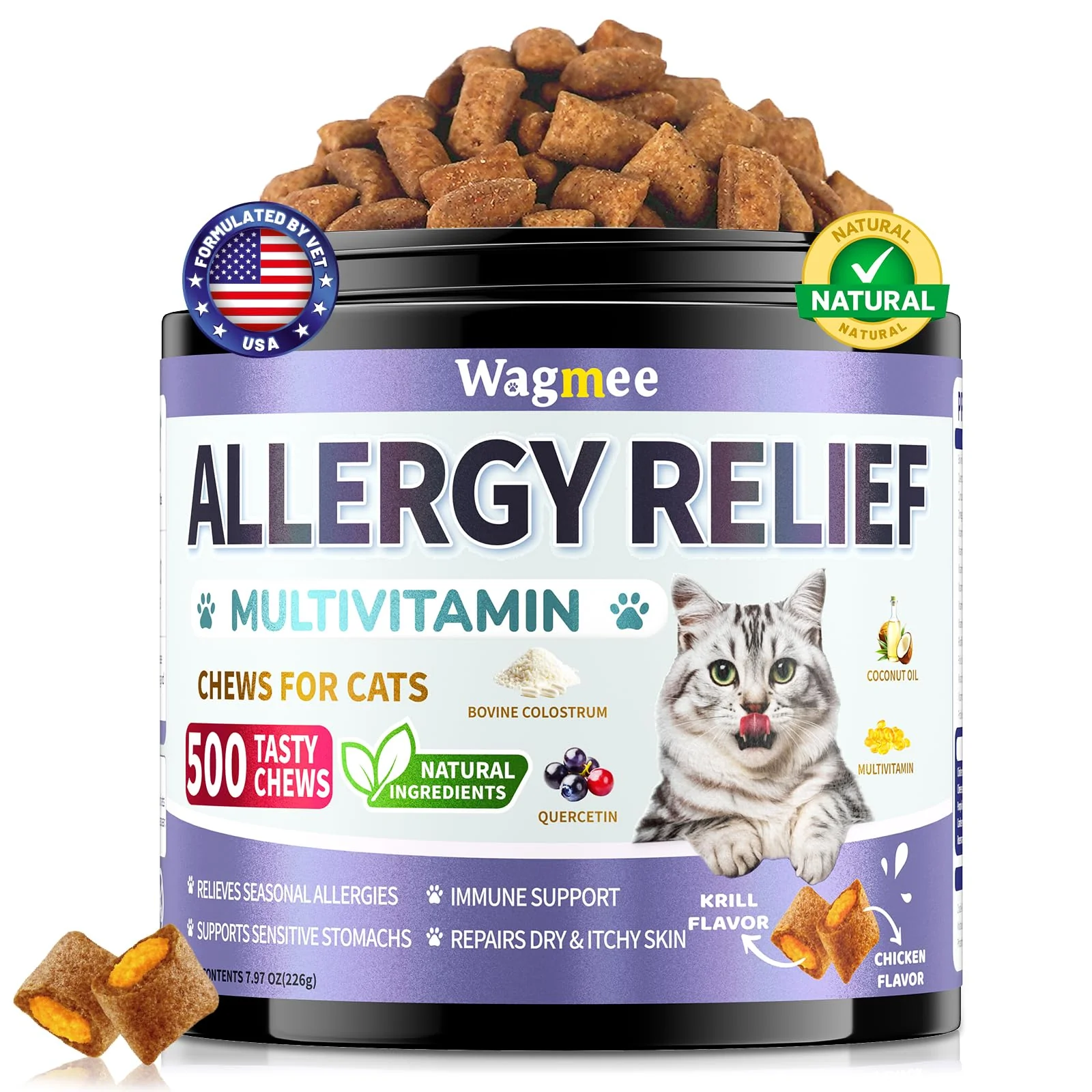Enhanced Wagmee Cat Allergy Relief Chews – 500 Crunchy Creamy Treats with Omega-3 Multivitamin Chicken Krill Flavor Casual