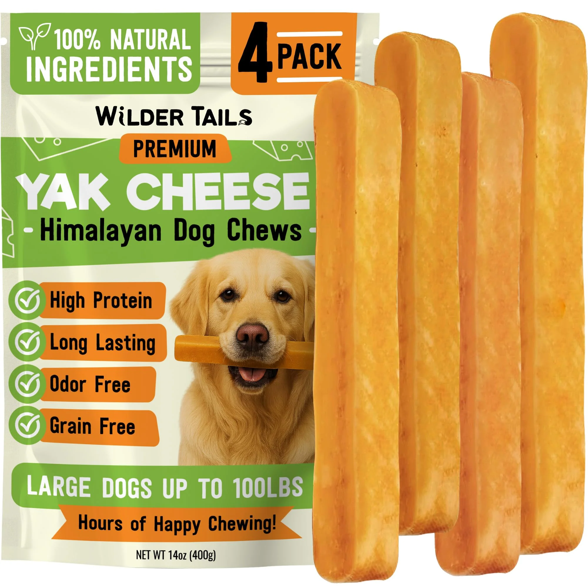 Wilder Tails All-Natural Yak Chews for Large Dogs — Long-Lasting High-Protein Odor- 4 Pack World-Class