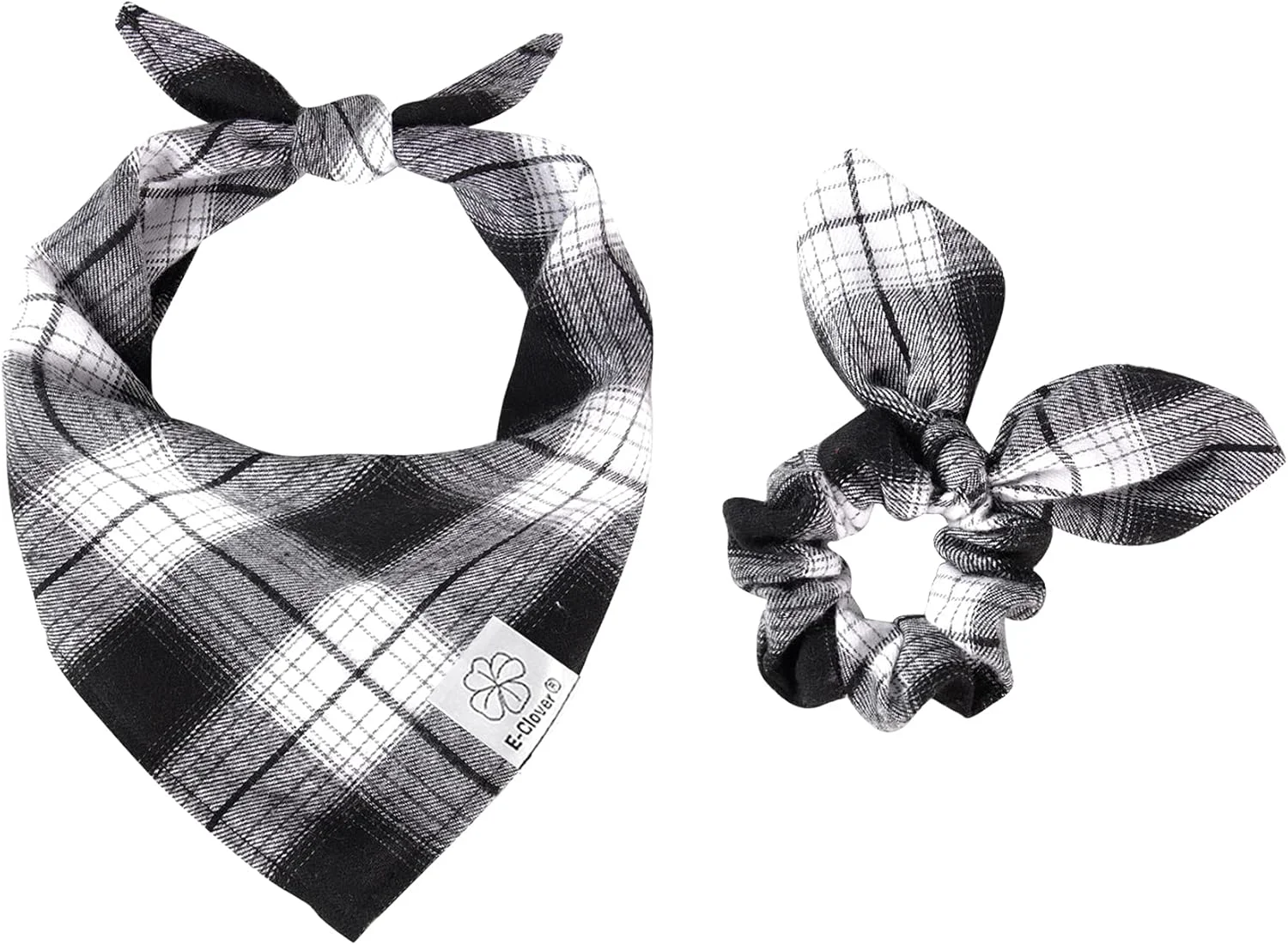 Enhanced E-Clover Dog Bandanas Matching Scrunchie Set Boy Plaid Dog Scarf Triangle Bandana Bibs for Medium Large Dog Owner Birthday Gifts Black White Minimalist