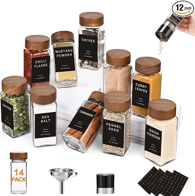 Reusable Yangbaga 14Pcs Glass Spice Jars with Labels-4oz Acacia Wood Lid Square Spice Containers with Pepper Grinder Lids Funnel Seasoning Jars for Rack Cabinet DrawerAbout ThisOverview Smart