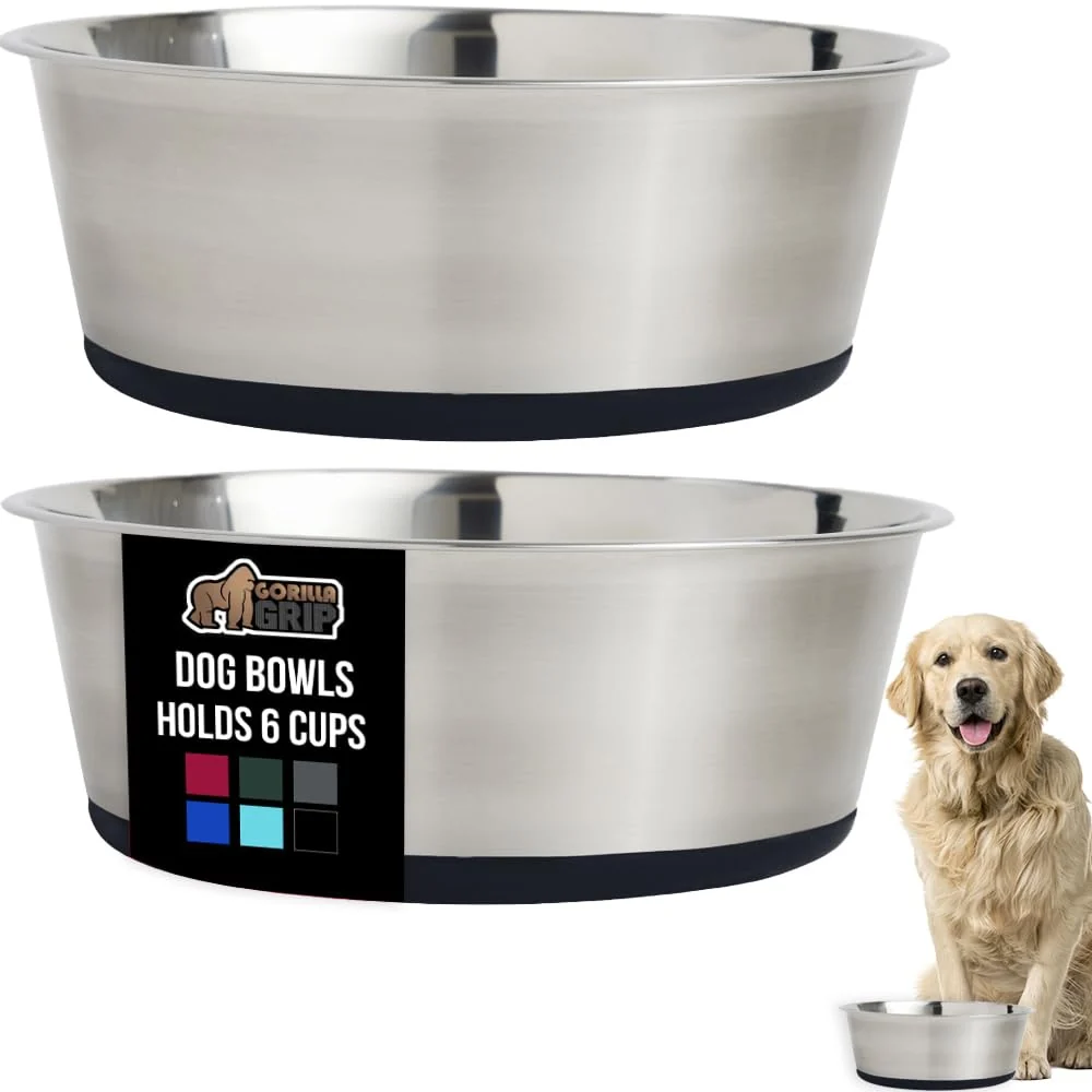 Smooth GORILLA GRIP Set of 2 Heavy-Duty Stainless Steel Dog Bowls 6 Cups Non-Slip Dishwasher Safe Long-Lasting