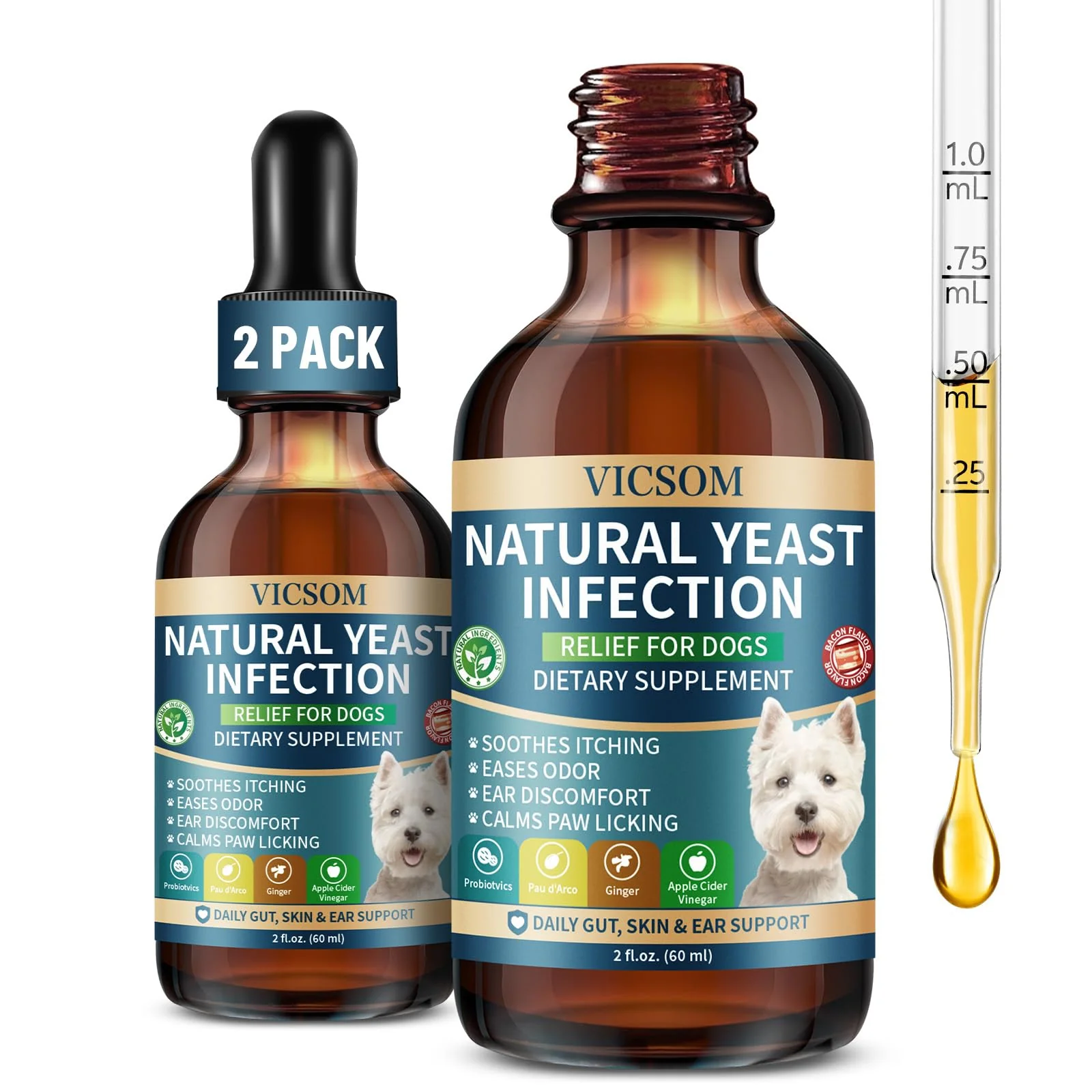 Specialty VICSOM Natural Dog Yeast Treatment — 2 Pack for Itchy Skin Ear Relief 60ml x2 Original Design