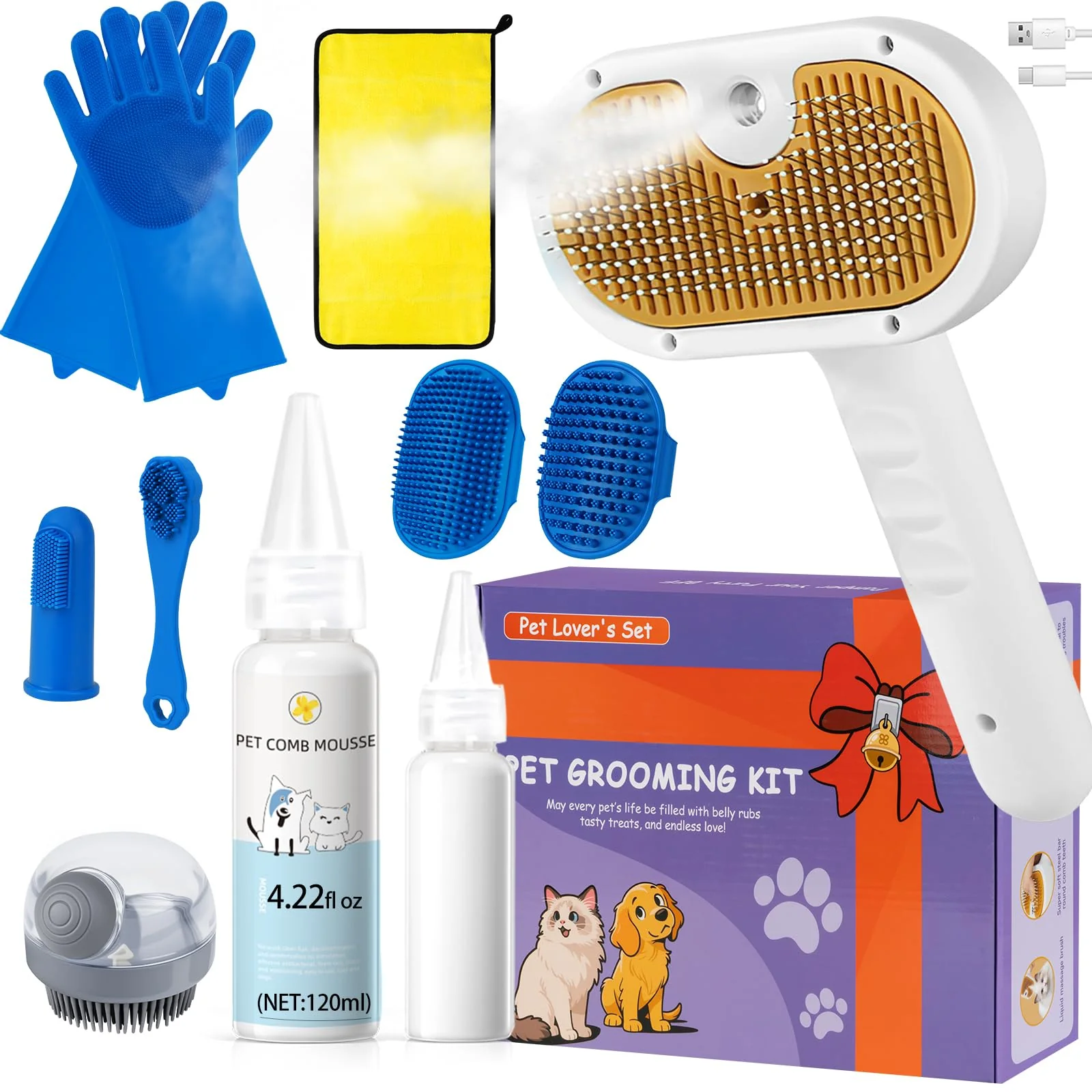 Stylish VVWVVW Pet Steam Brush 11-Piece Grooming Set for Dogs Cats Water- Shampoo Bath Tools Genuine