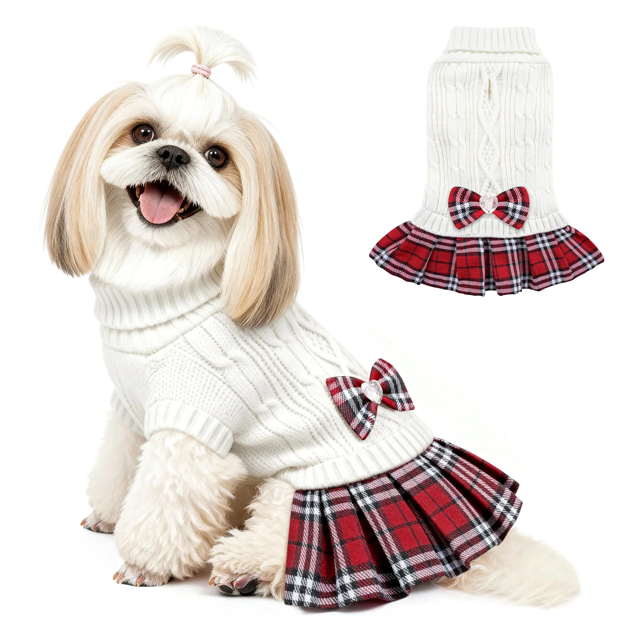 World-Class YUDODO Small Dog Sweater Dress with Bowtie Turtleneck — Knitted Winter Coat for Chihuahuas Yorkies Size M White Recyclable