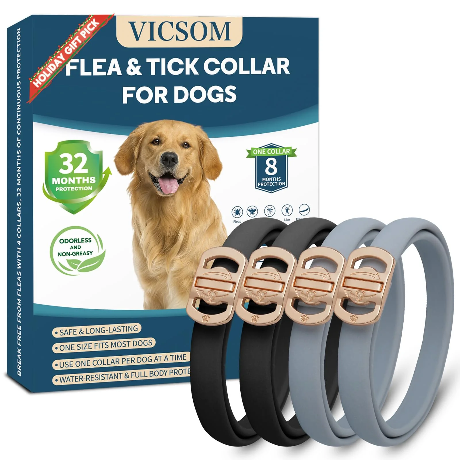 Exceptional VICSOM Flea Tick Collar for Dogs — 4 Pack 32 Months Waterproof Adjustable Dependable