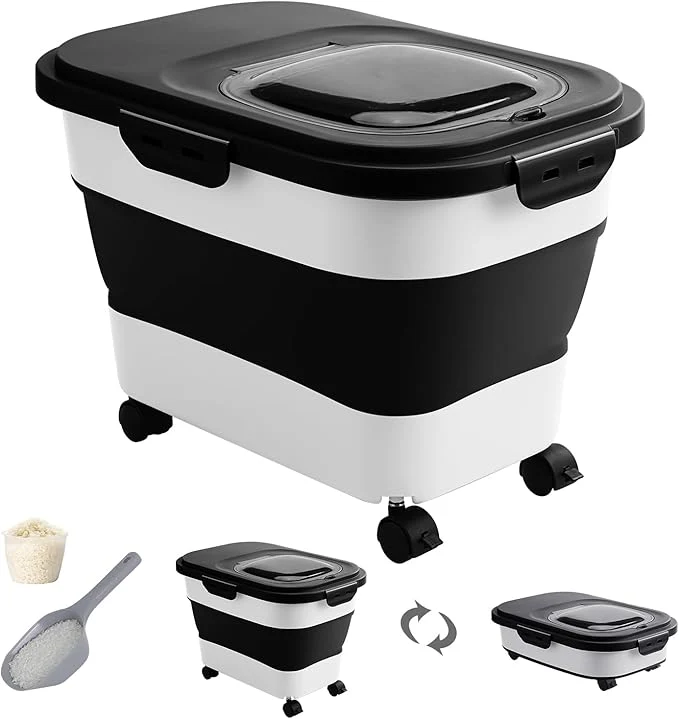 Traditional 20-30 Lbs Rice Storage Container Collapsible Food Storage Containers with Rolling Wheel Airtight Locking Lid Flour Storage Container with Cup and Scoop Suitable for Food Rice Pet Food FlourAbout ThisOverview Practical