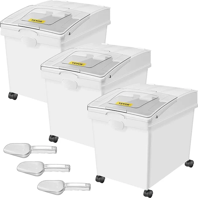 Breathable VEVOR Ingredient Bin 10.5 Gallons Capacity Ingredient Storage Bin PP Material Flour Bins On Wheels White Shelf Ingredient Bin with Scoop and Sliding Lid Commercial Storage Bins 3 Pcs SetAbout ThisOverview Clean